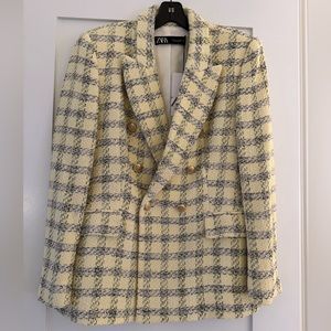 NWT Zara Yellow Plaid Double Breasted Blazer